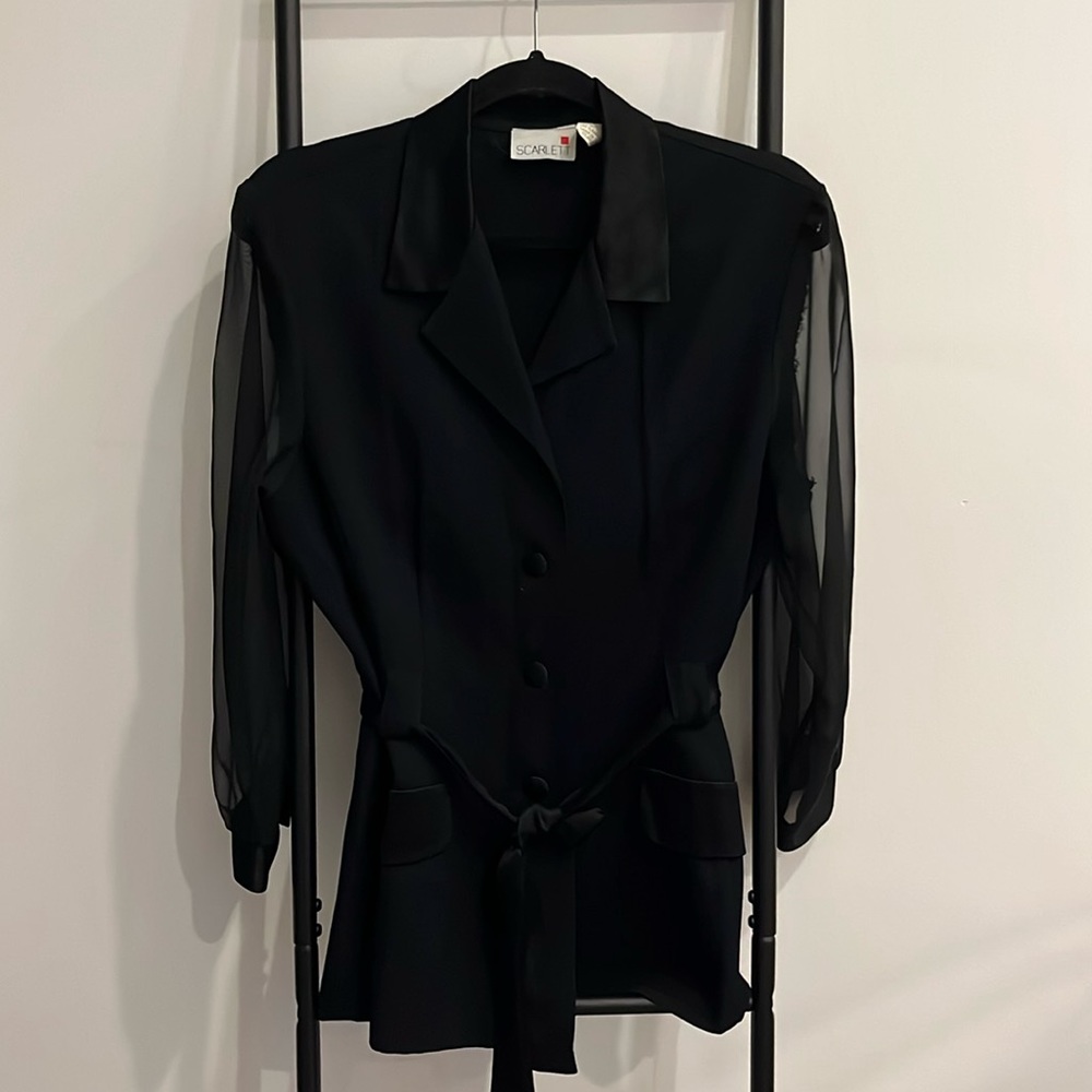 Vintage Scarlett Mesh Long Sleeve V-neck Blazer Blouse Mini Dress Women  Size 14